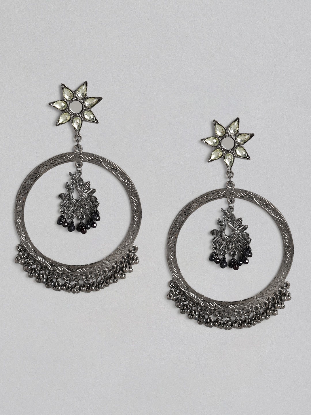 

Anouk Oxidised Silver-Plated Stone Studded & Beaded Circular Drop Earrings