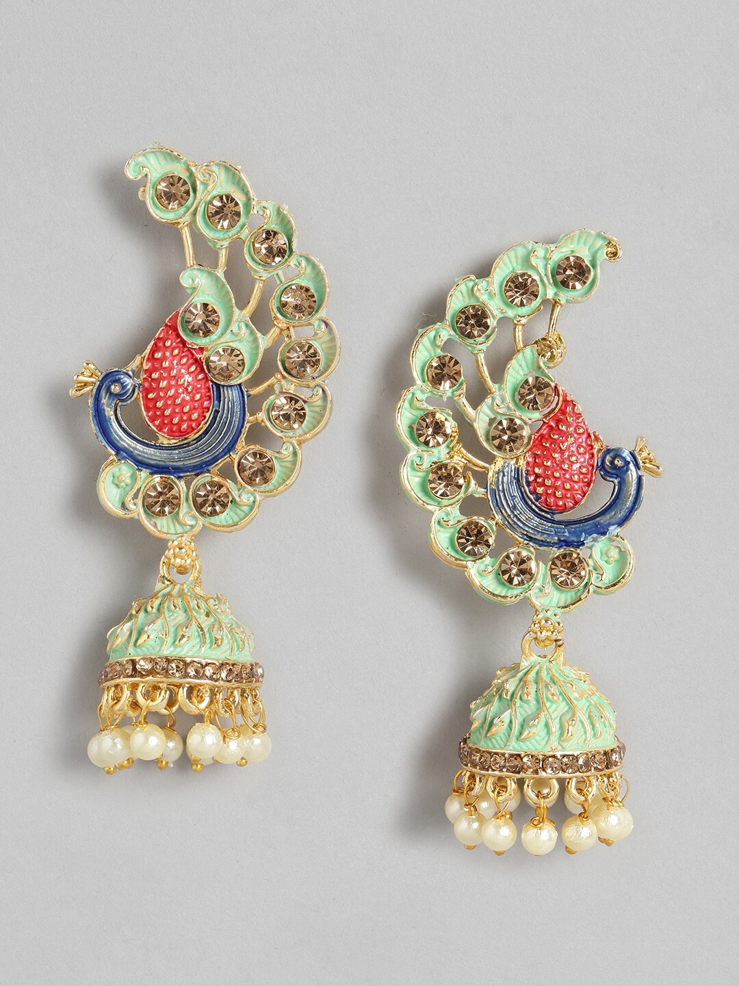 

Anouk Sea Green Gold-Plated Stone Studded & Beaded Peacock Shaped Enamelled Jhumkas