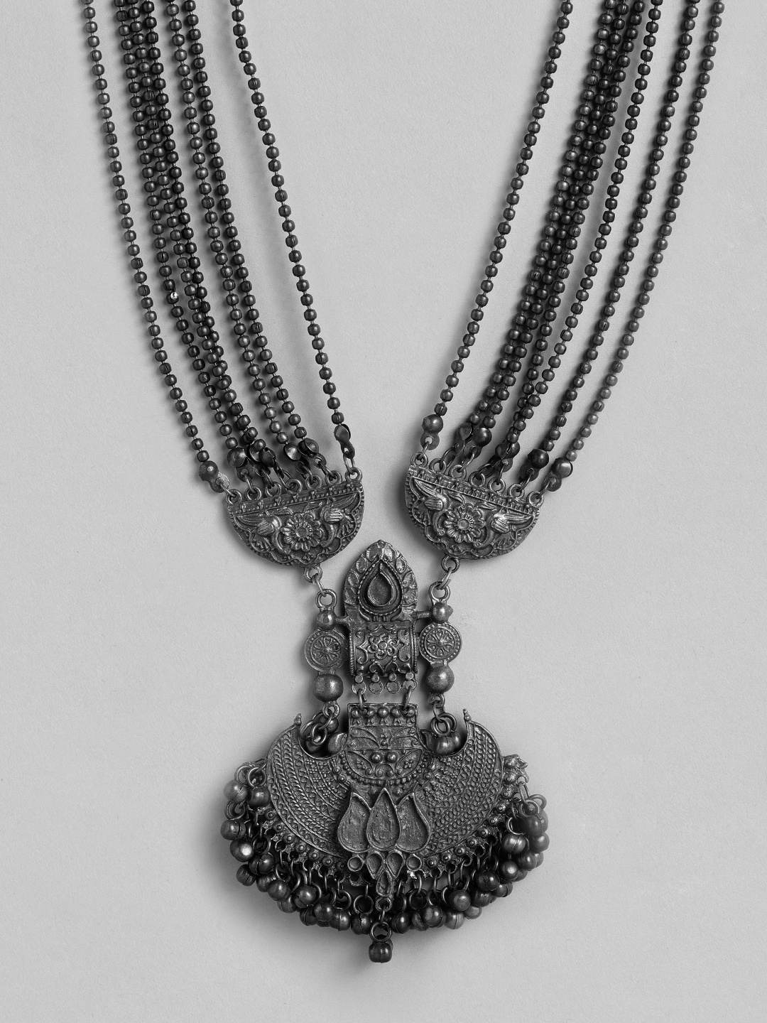 

Anouk Oxidised Silver-Toned & Black Multistranded Beaded Statement Necklace