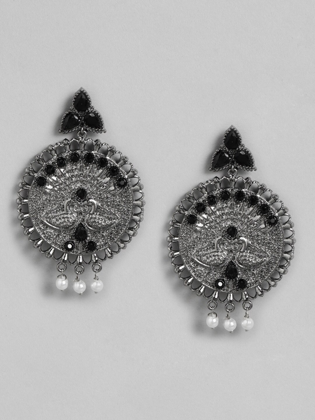 

Anouk Black & White Oxidised Silver-Plated Stone-Studded & Beaded Circular Drop Earrings