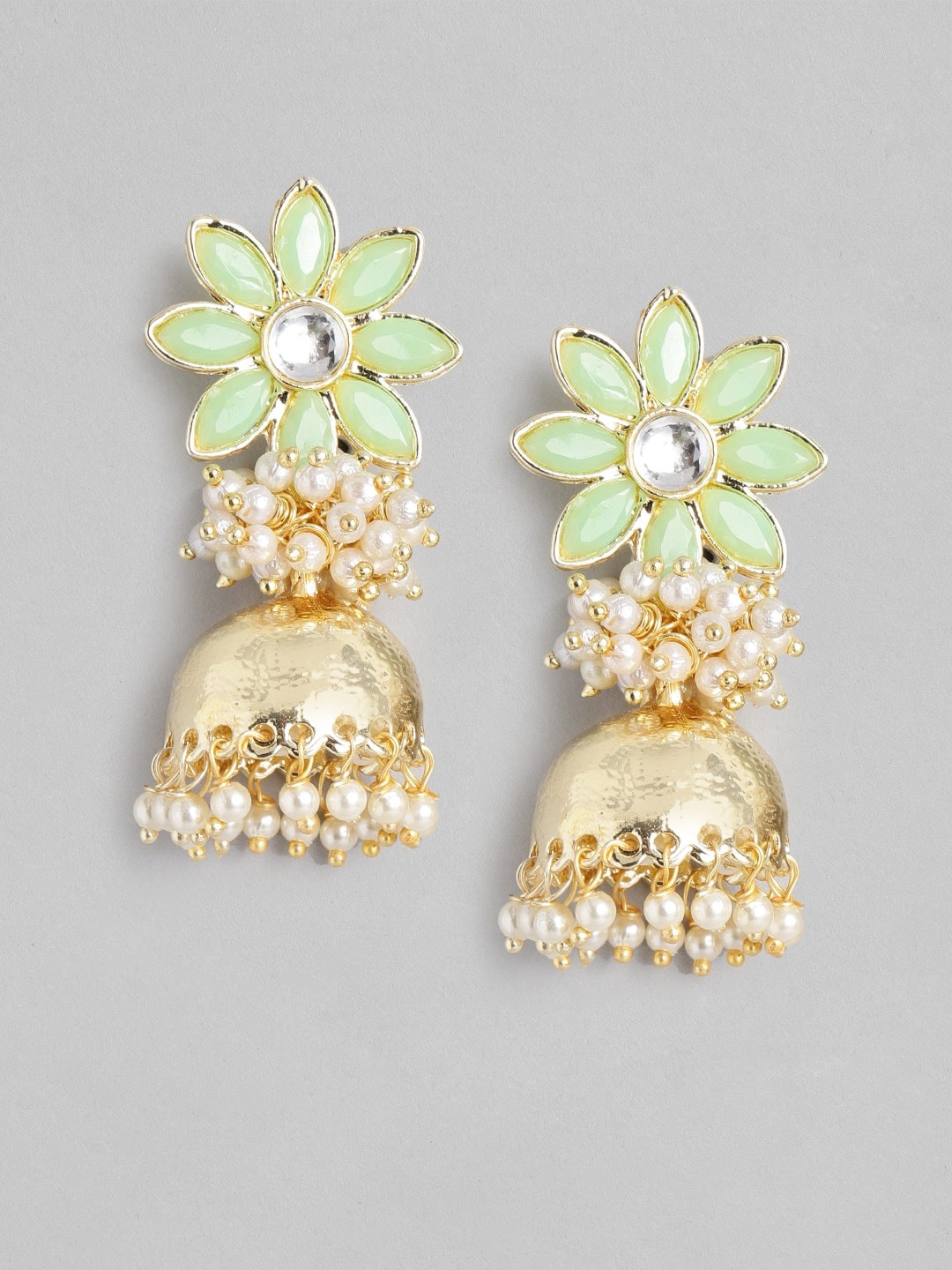 

Anouk Green Gold-Plated Stone-Studded & Beaded Floral & Dome Shaped Jhumkas
