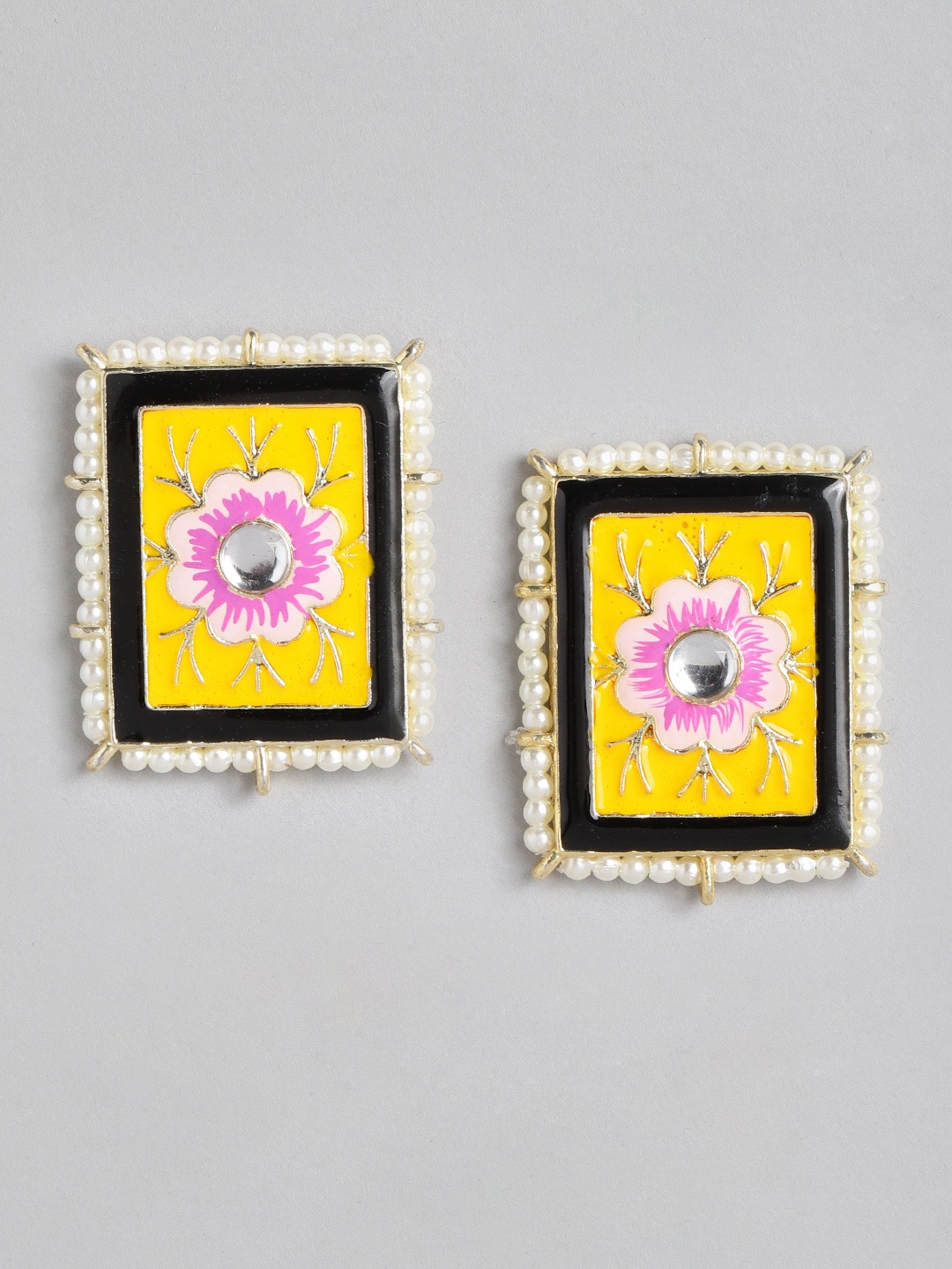

Anouk Yellow & Pink Gold-Plated Floral Enamelled Beaded Geometric Oversized Studs