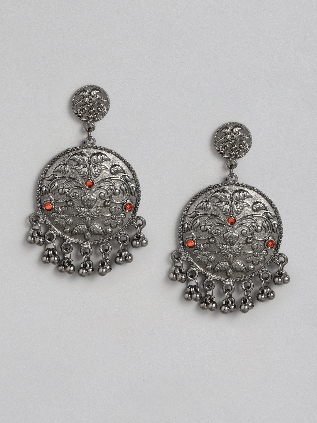 

Anouk Oxidised Gunmetal-Toned Engraved Stone Studded Circular Drop Earrings, Metallic