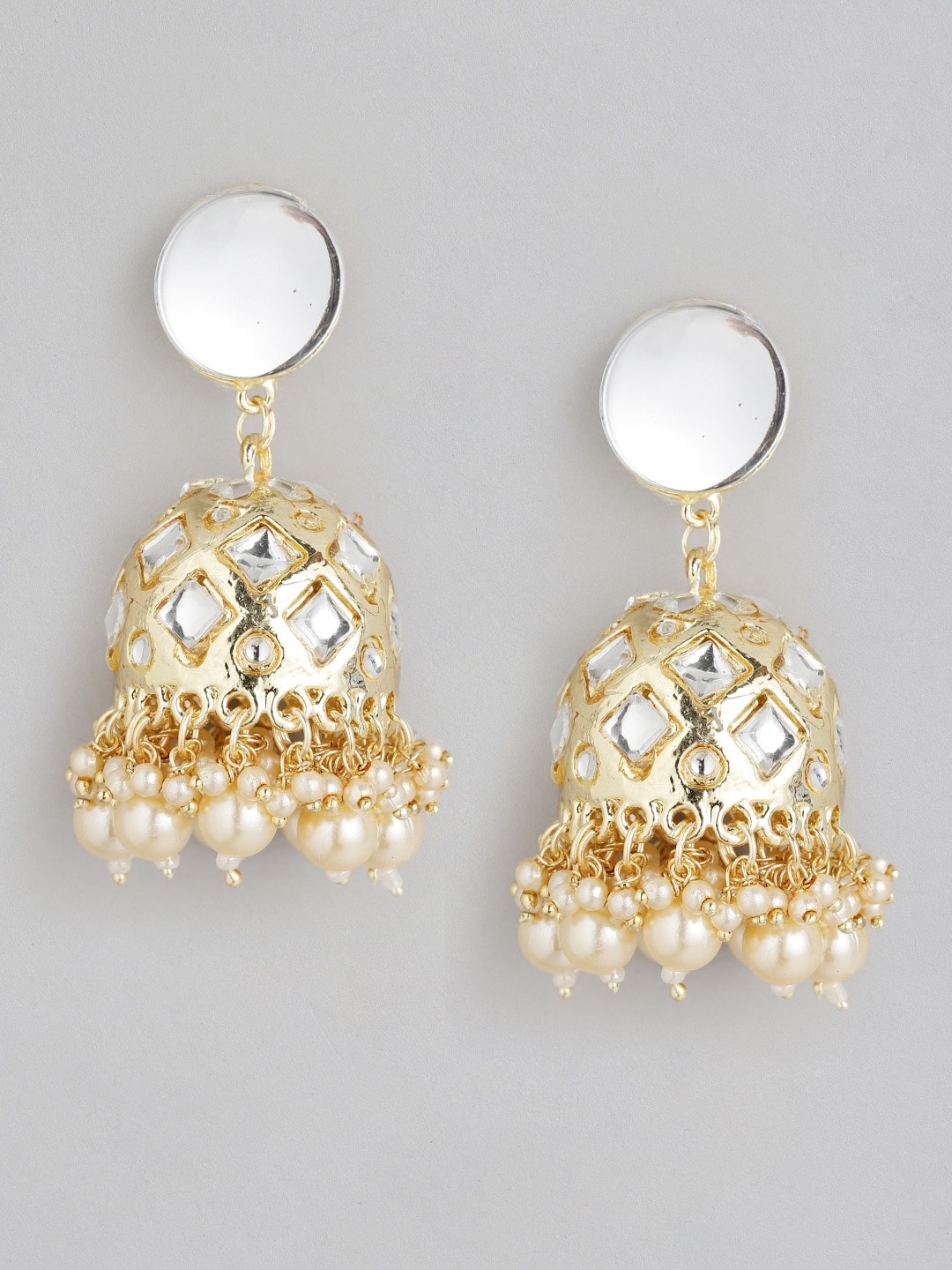 

Anouk Gold-Toned & Off White Stone Studded & Beaded Dome Shaped Jhumkas