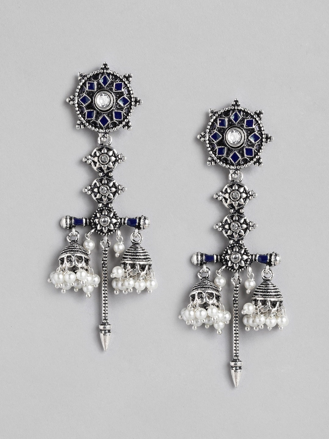 

Anouk Oxidised Silver-Toned & Navy Enamelled Stone-Studded & Beaded Circular Drop Earrings
