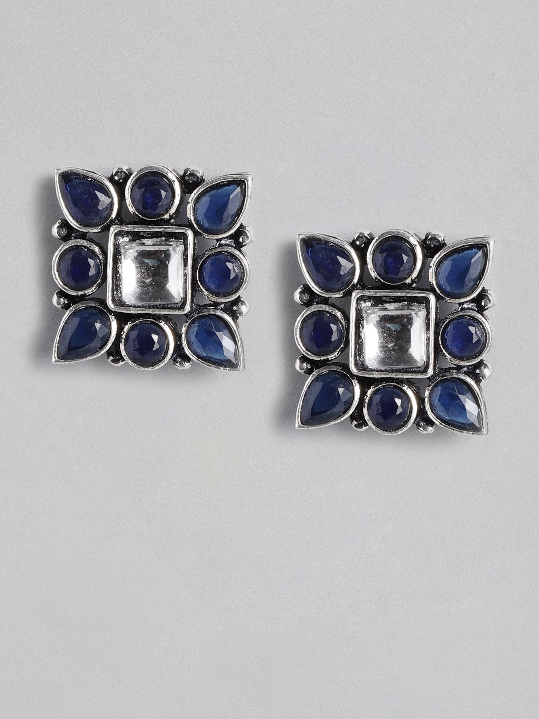 

Anouk Navy Blue & Oxidised Silver-Toned Stone Square Oversized Studs