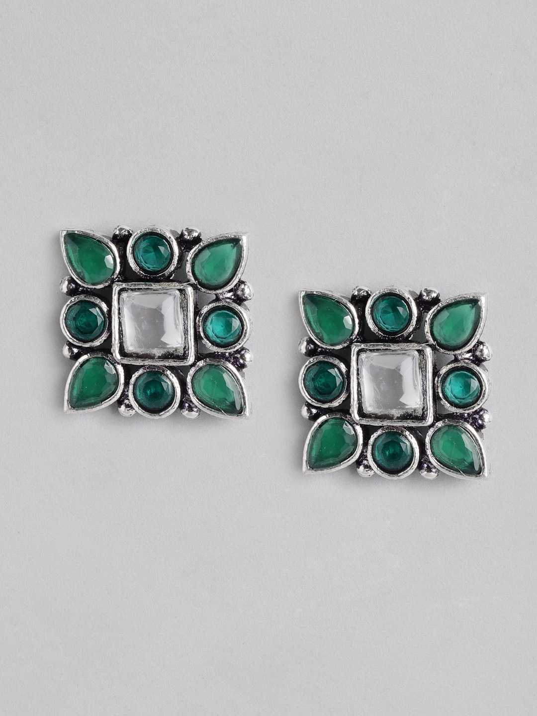 

Anouk Green & Oxidised Silver-Toned Stone Square Oversized Studs