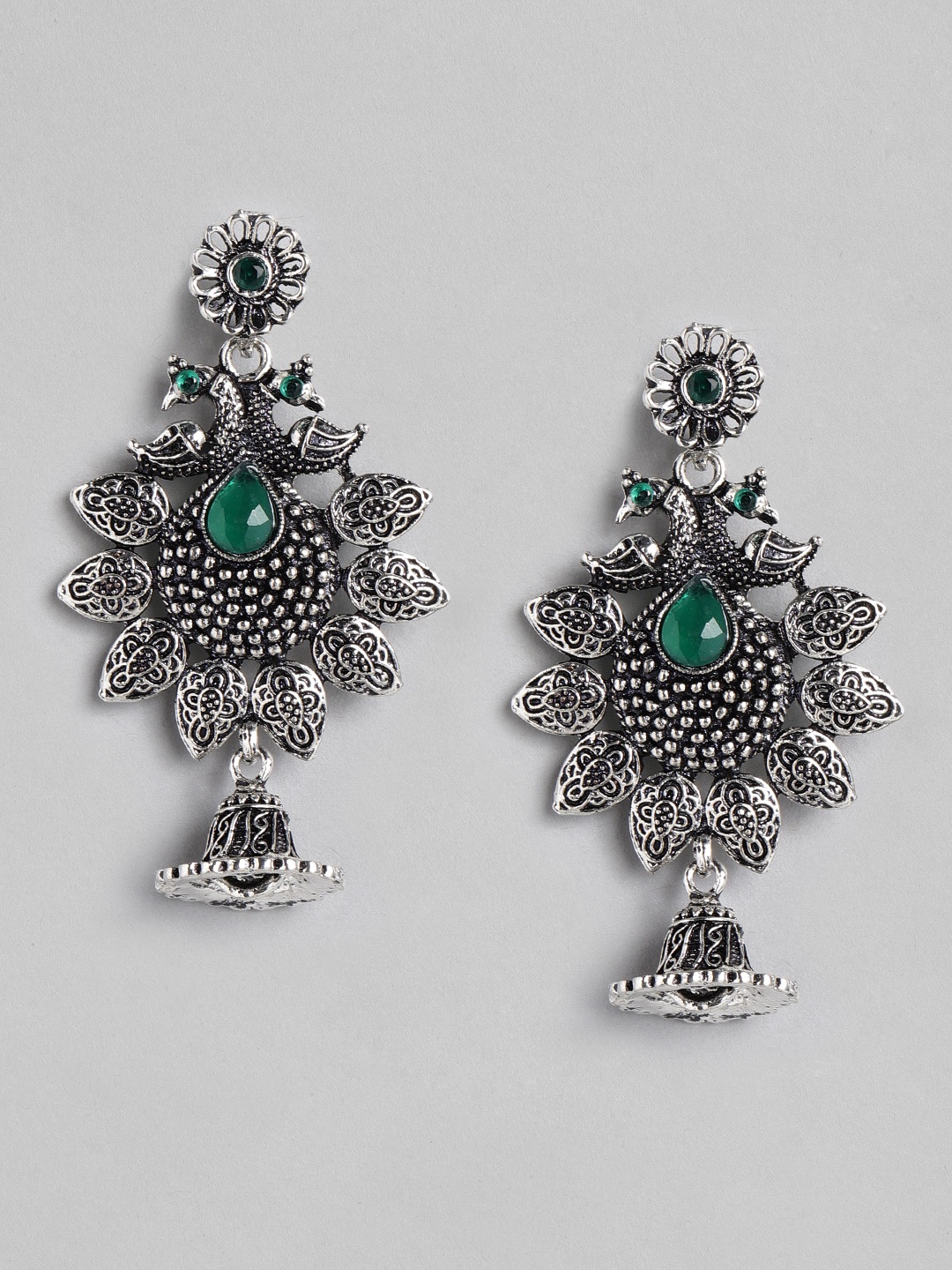

Anouk Oxidised Silver-Toned & Green Textured Stone-Studded Peacock Shaped Drop Earrings