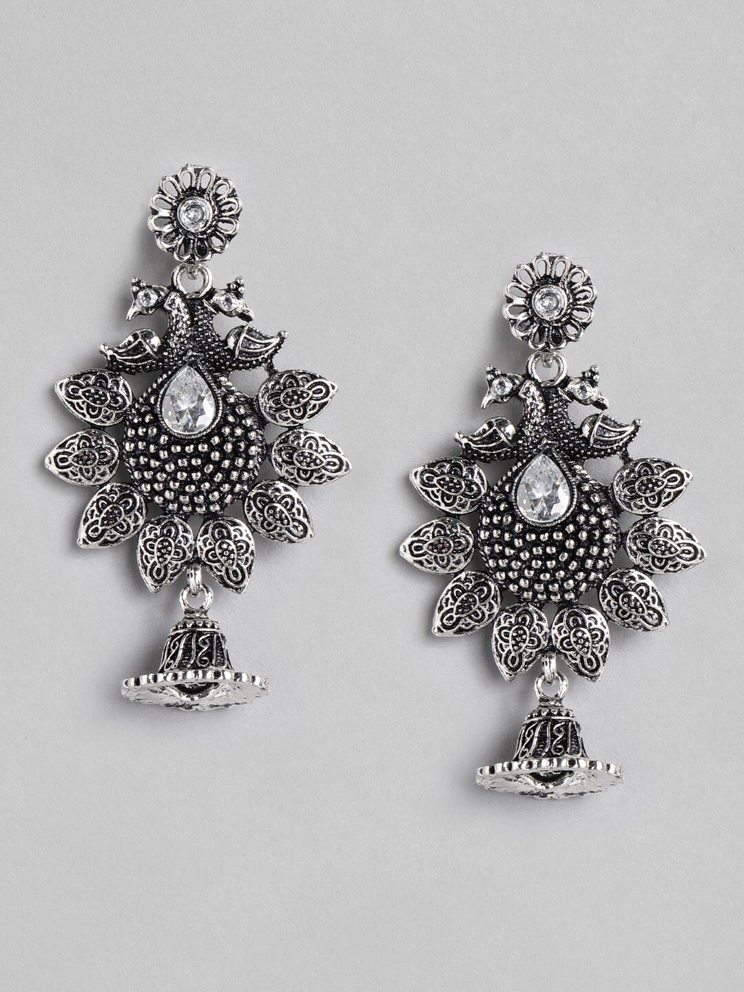 

Anouk Oxidised Silver-Toned Textured Stone-Studded Peacock Shaped Drop Earrings