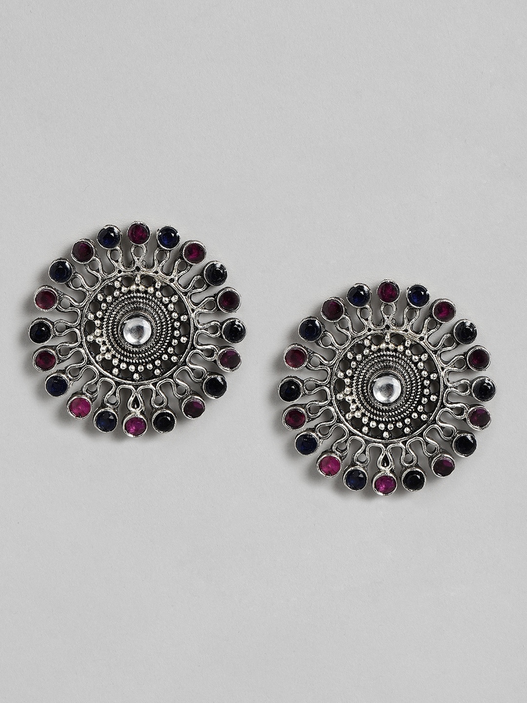 

Anouk Oxidised Silver-Toned & Black Stone-Studded Circular Drop Earrings