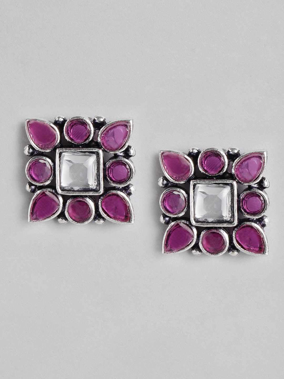 

Anouk Magenta & Oxidised Silver-Toned Stone Square Oversized Studs