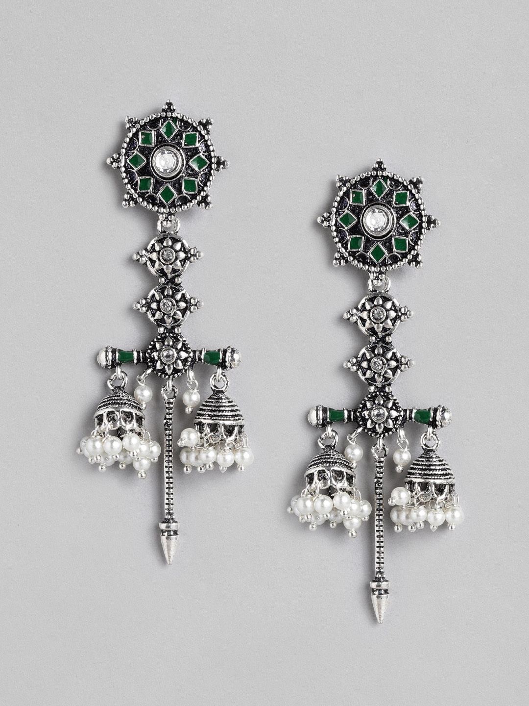 

Anouk Oxidised Silver-Toned & Green Enamelled Stone-Studded Circular Drop Earrings