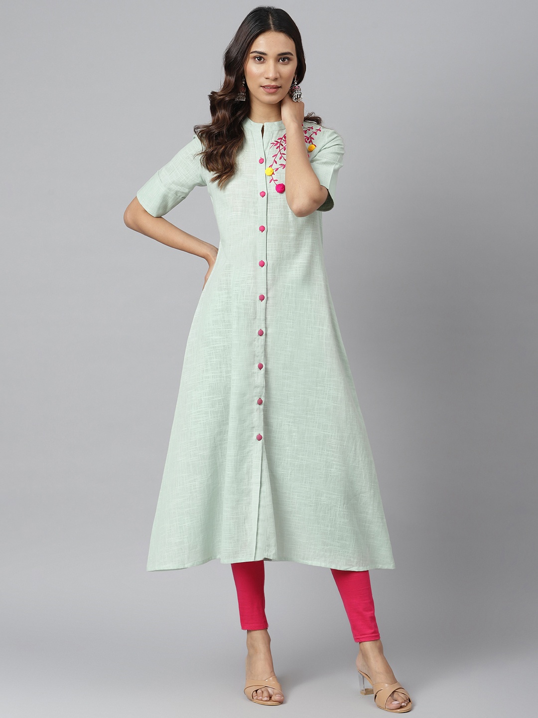 

JAIPUR ATTIRE Women Sea Green Floral Thread Work Cotton Anarkali Kurta