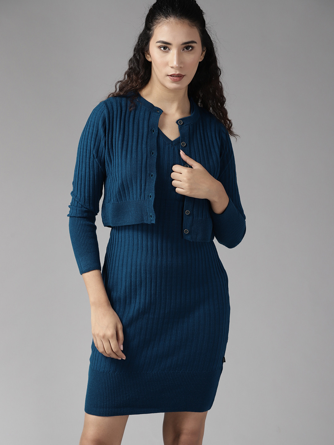 

Roadster Women Blue Self Striped Sweater-Vest Dress with Jacket