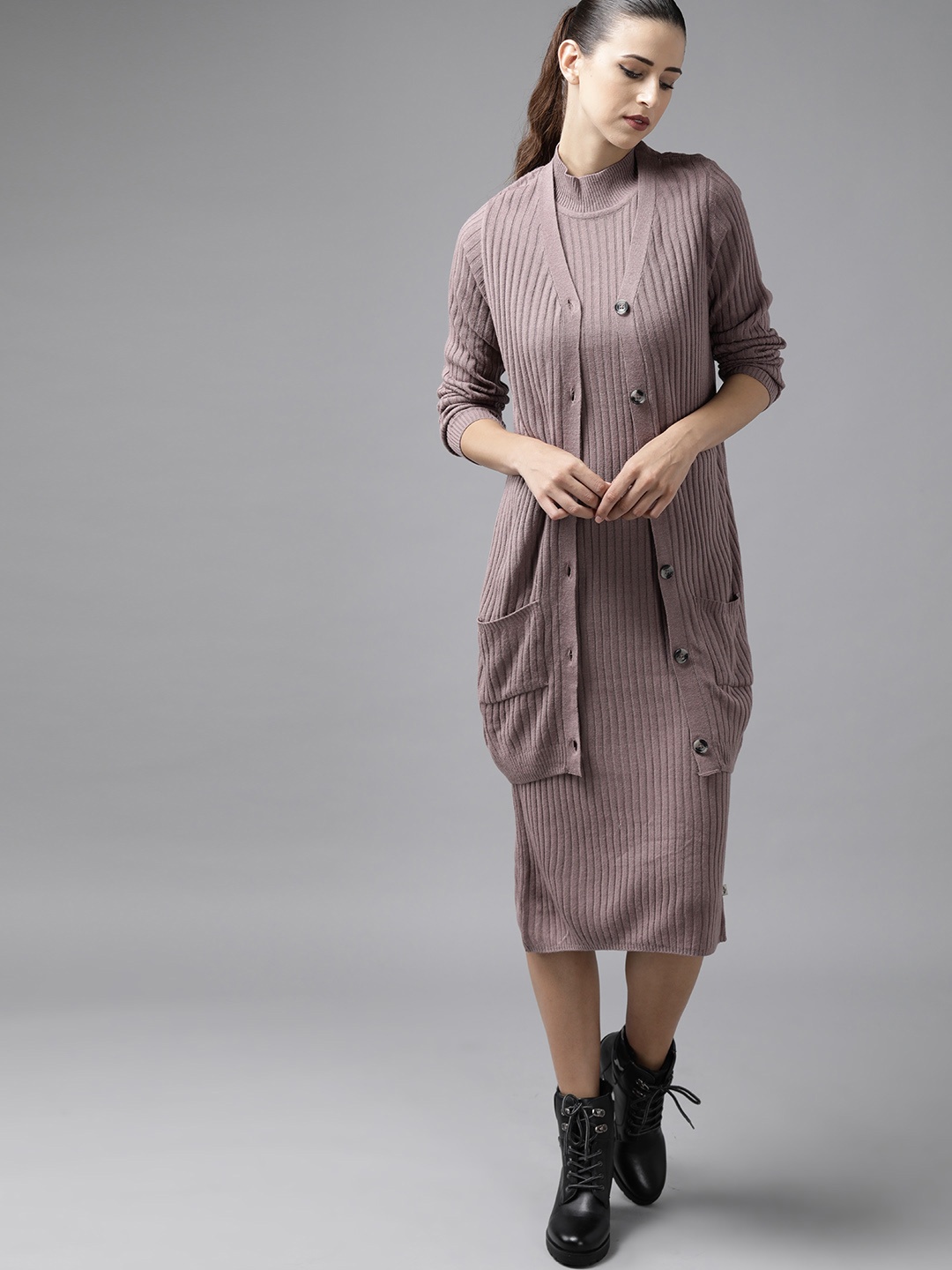 

Roadster Mauve Solid Knitted Dress