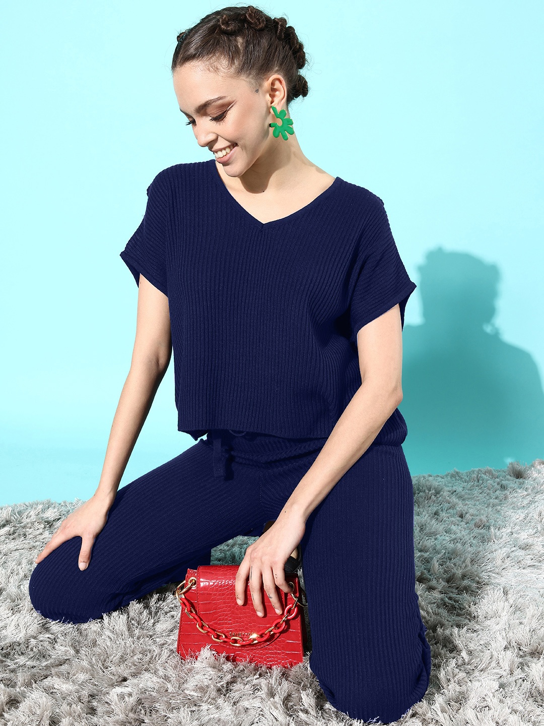 

Roadster Women Charming Navy Blue Striped Sweater with Trousers
