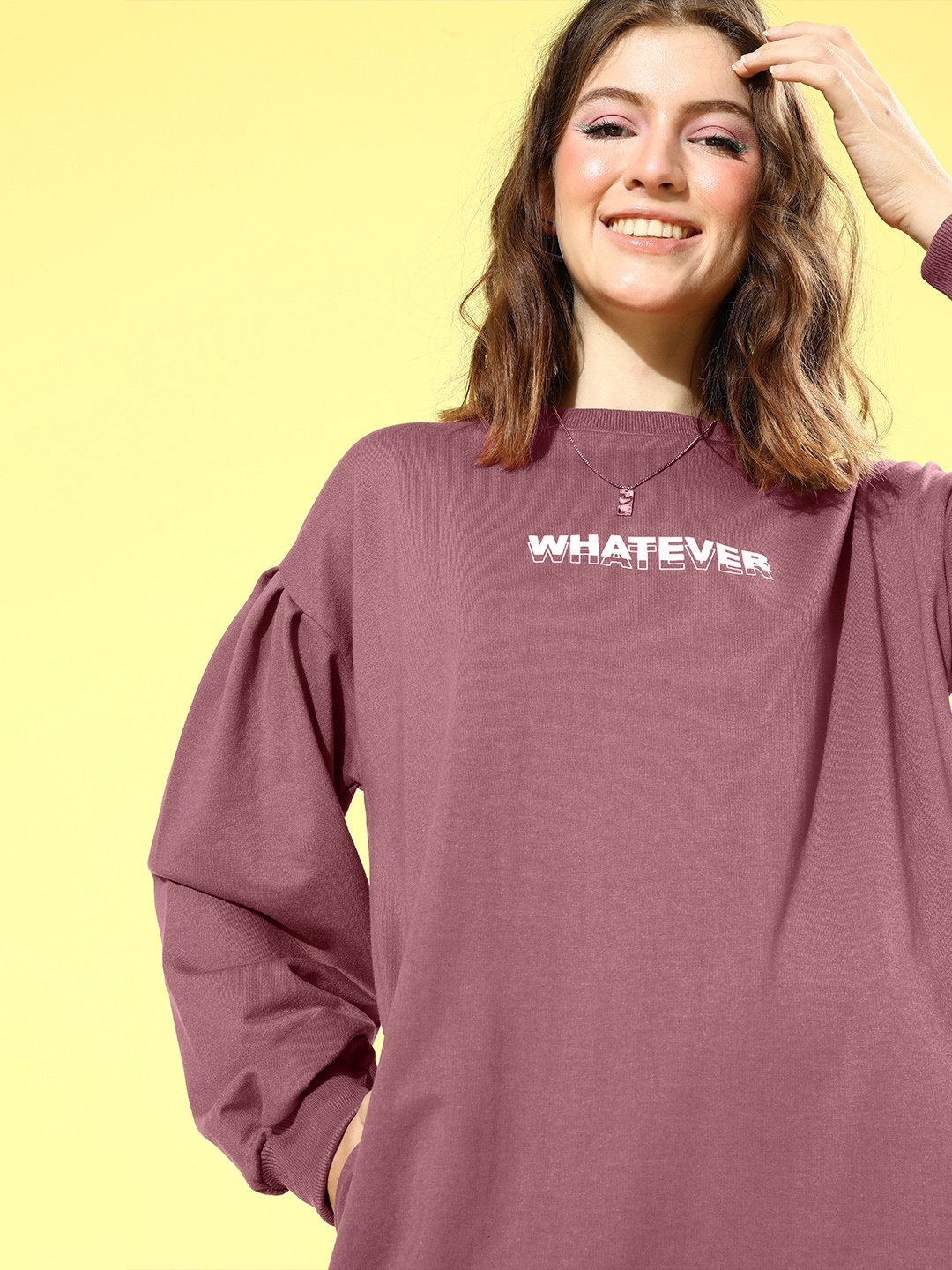 

Roadster Coral Pink Typography Printed Balloon Sleeved Sweatshirt Dress