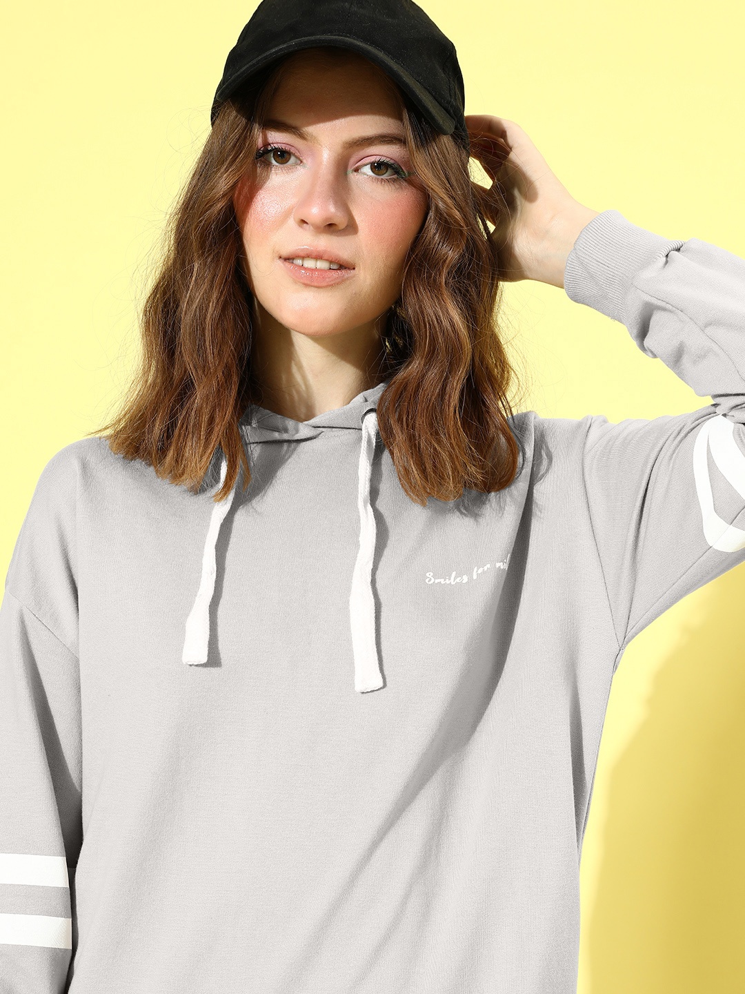 

Roadster Grey Solid Hooded Sweatshirt Dress With Contrast Detail