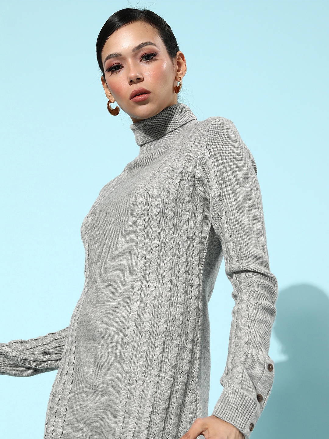 

Roadster Women Alluring Grey Melange Striped Jumper Dress