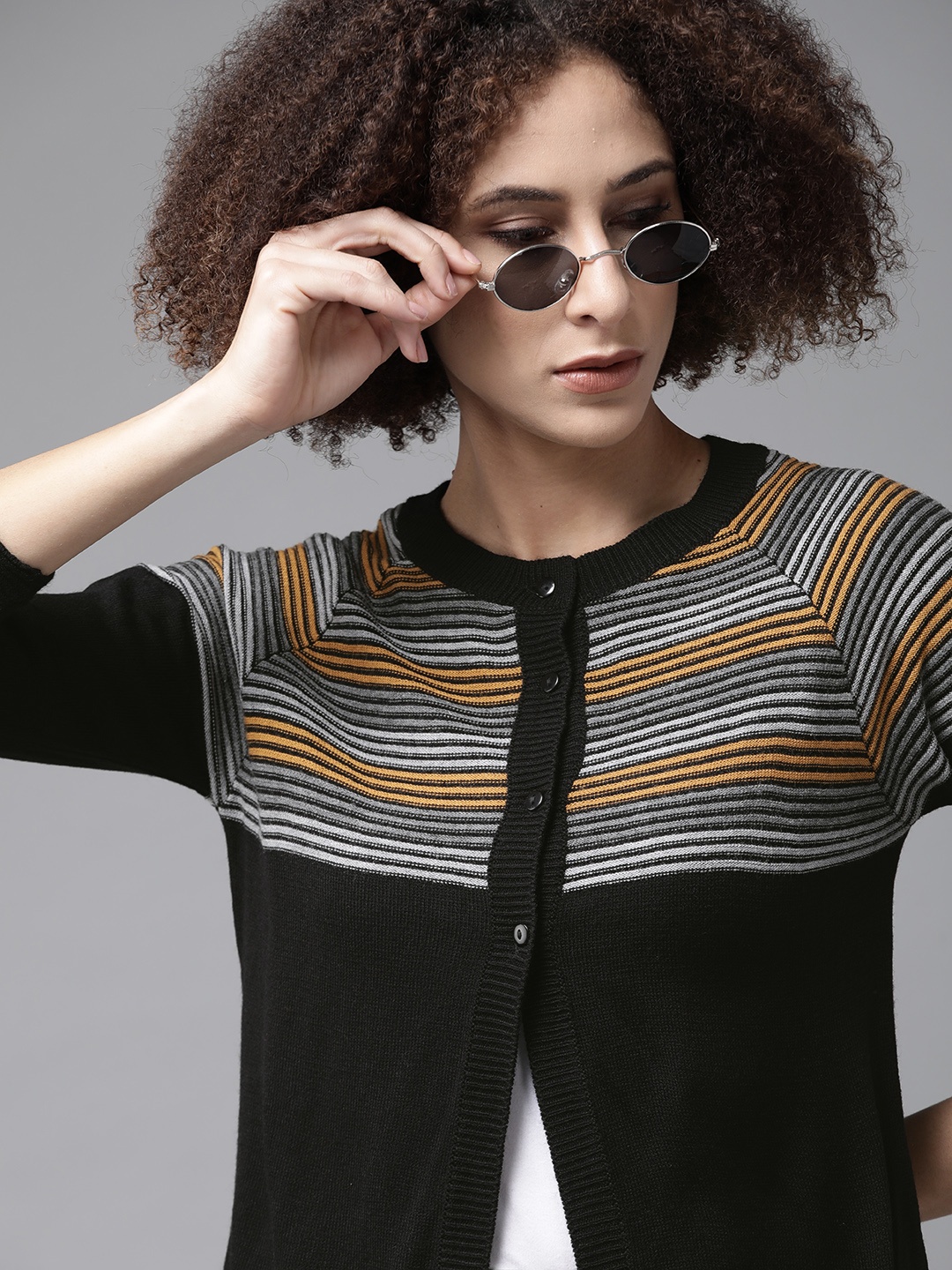 

Roadster Women Black & Yellow Striped Cardigan