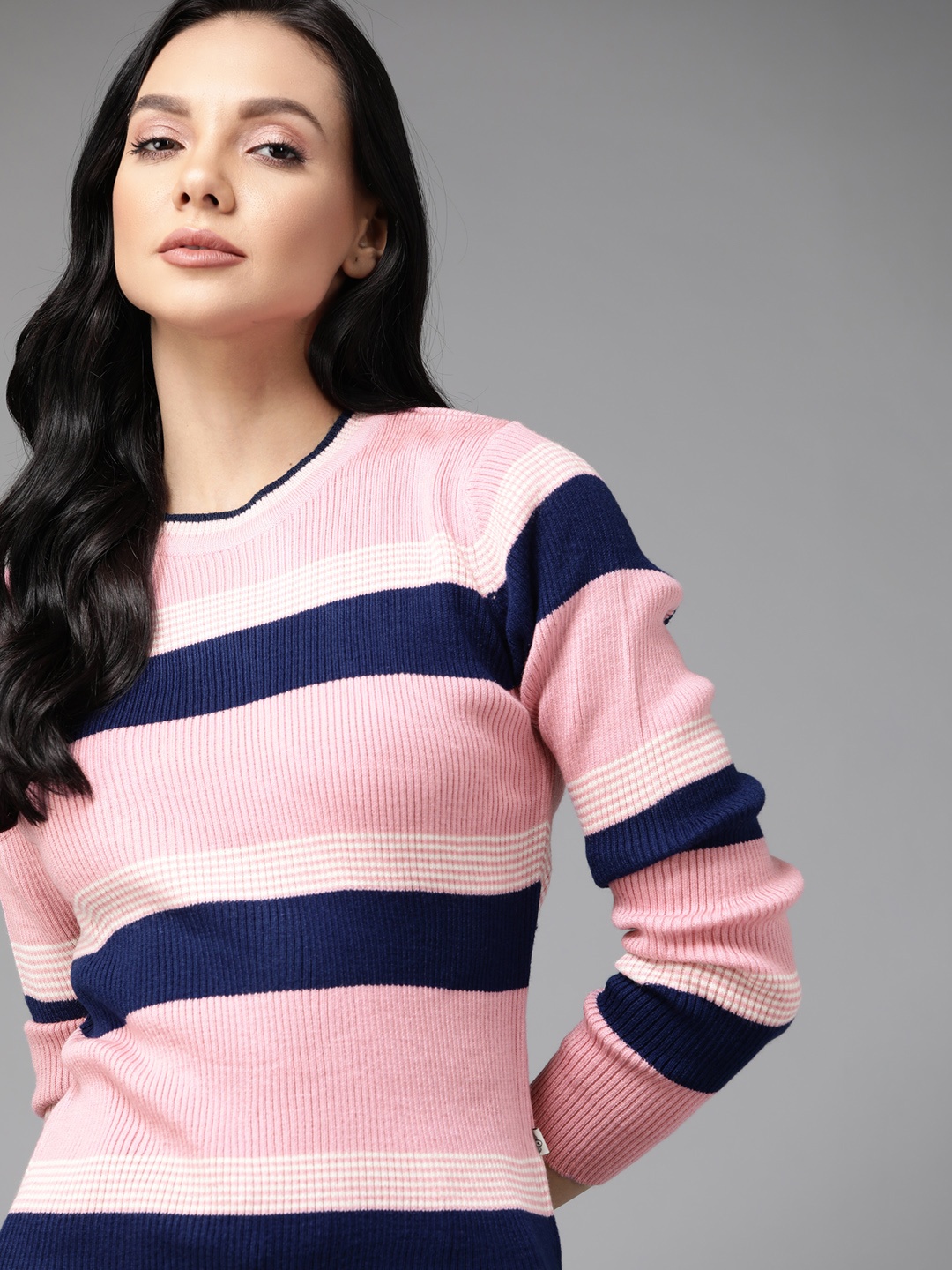 

Roadster Women Pink & Navy Blue Acrylic Striped Pullover