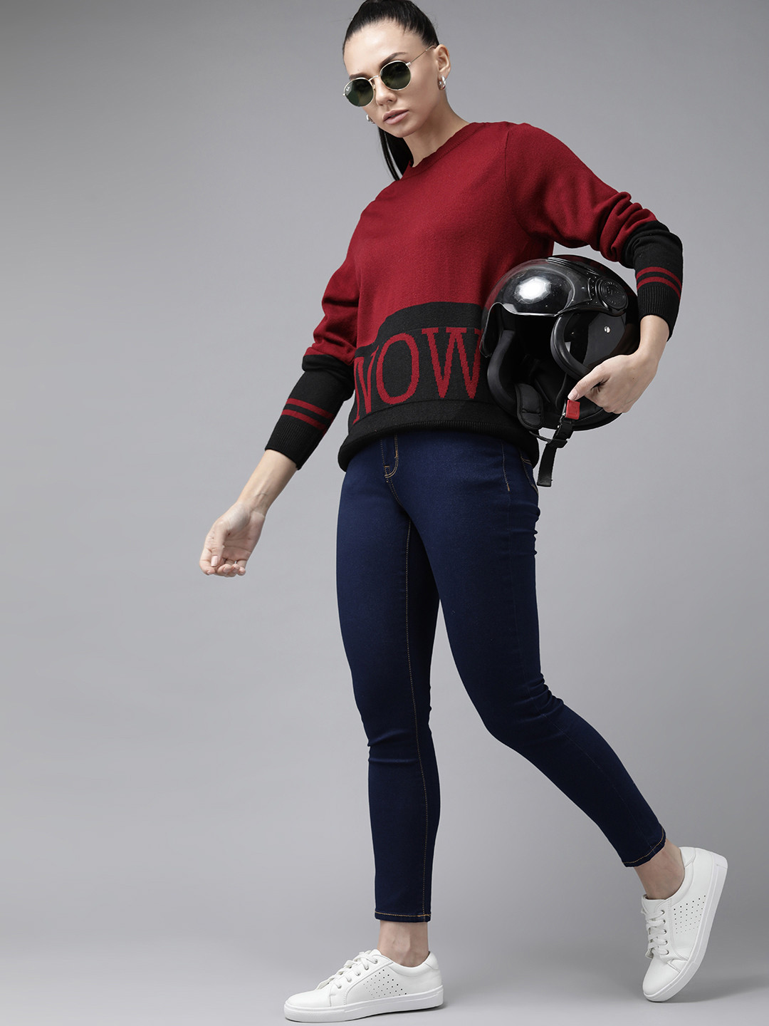 

Roadster Women Maroon & Black Typography Colourblocked Pullover