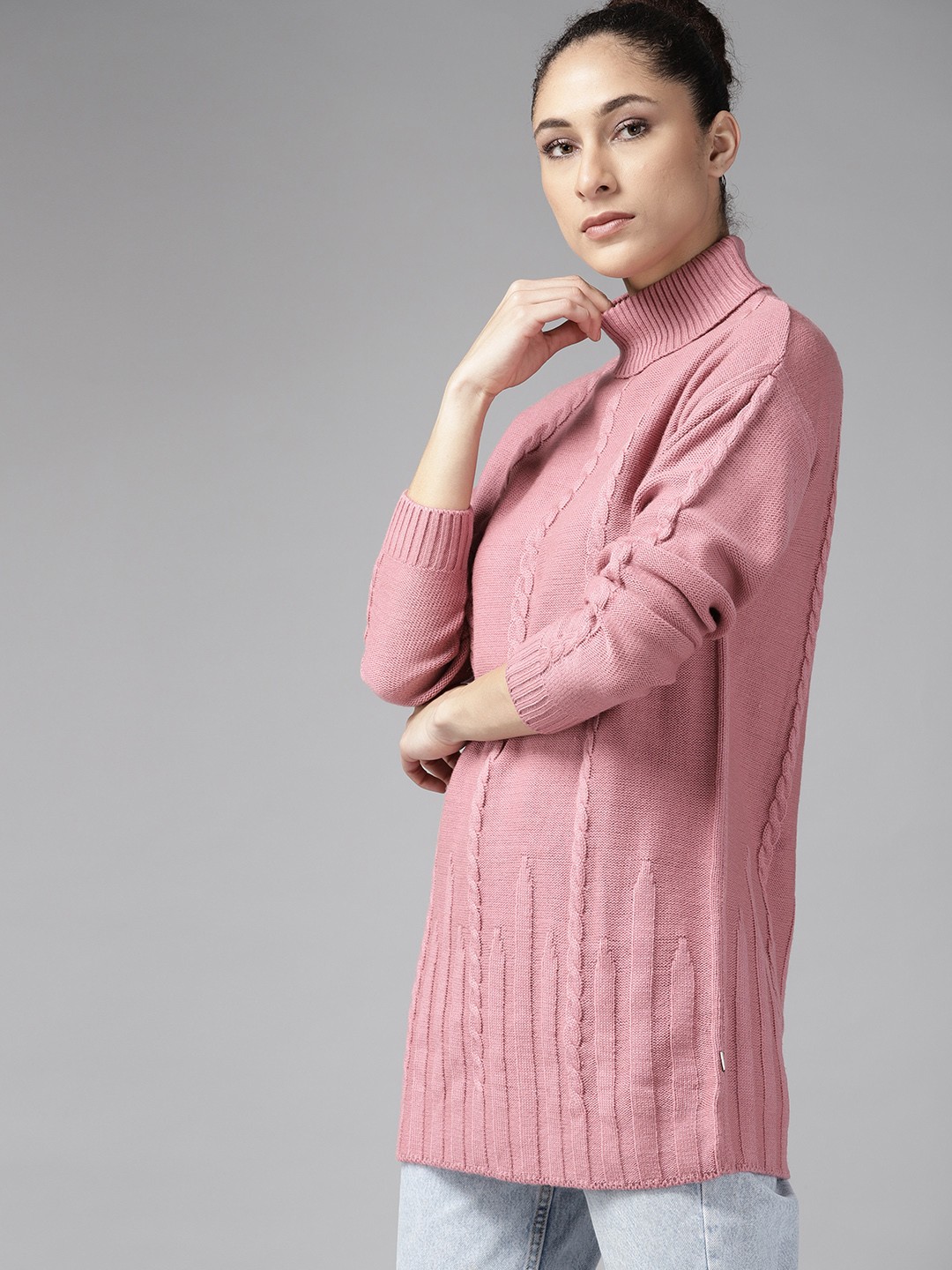 

Roadster Women Pink Cable Knit Longline Pullover