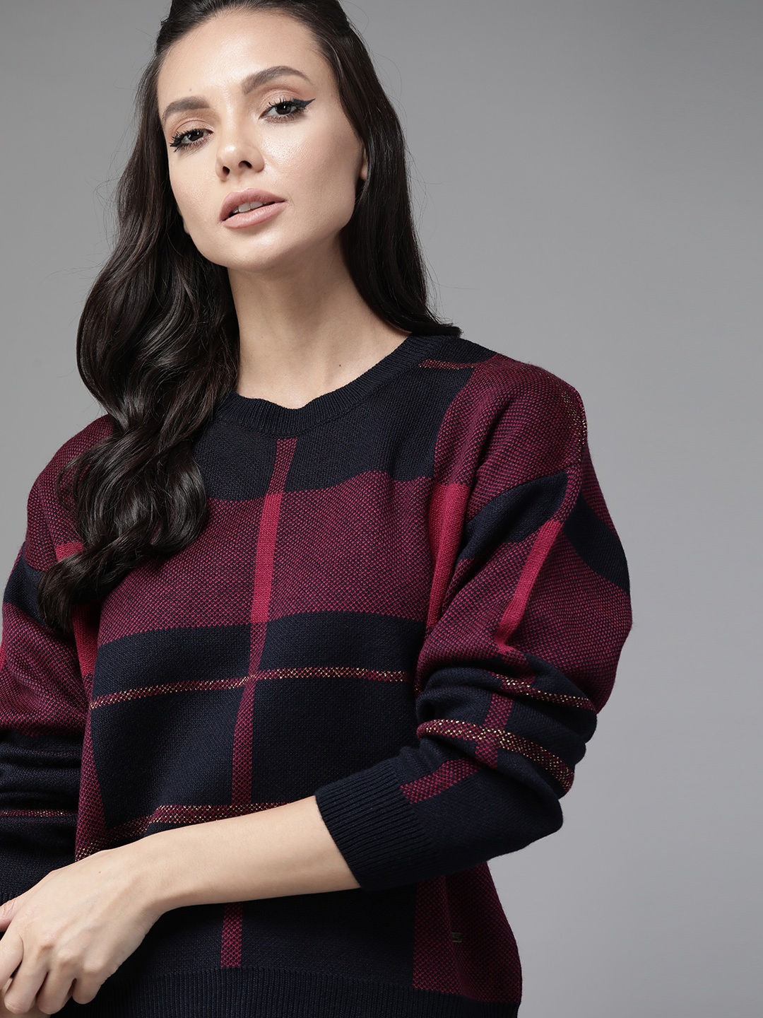 

Roadster Women Black & Magenta Checked Pullover