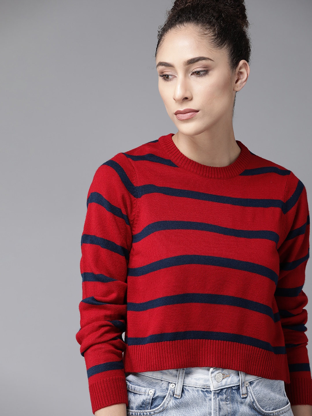 

Roadster Women Red & Navy Blue Striped Acrylic Crop Pullover