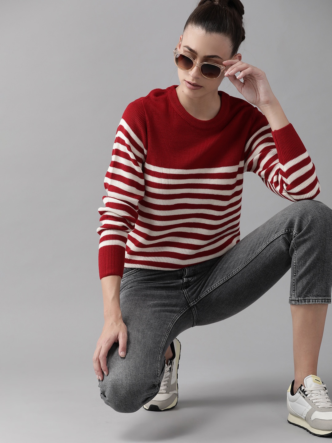 

Roadster Women Maroon & Off White Striped Pullover