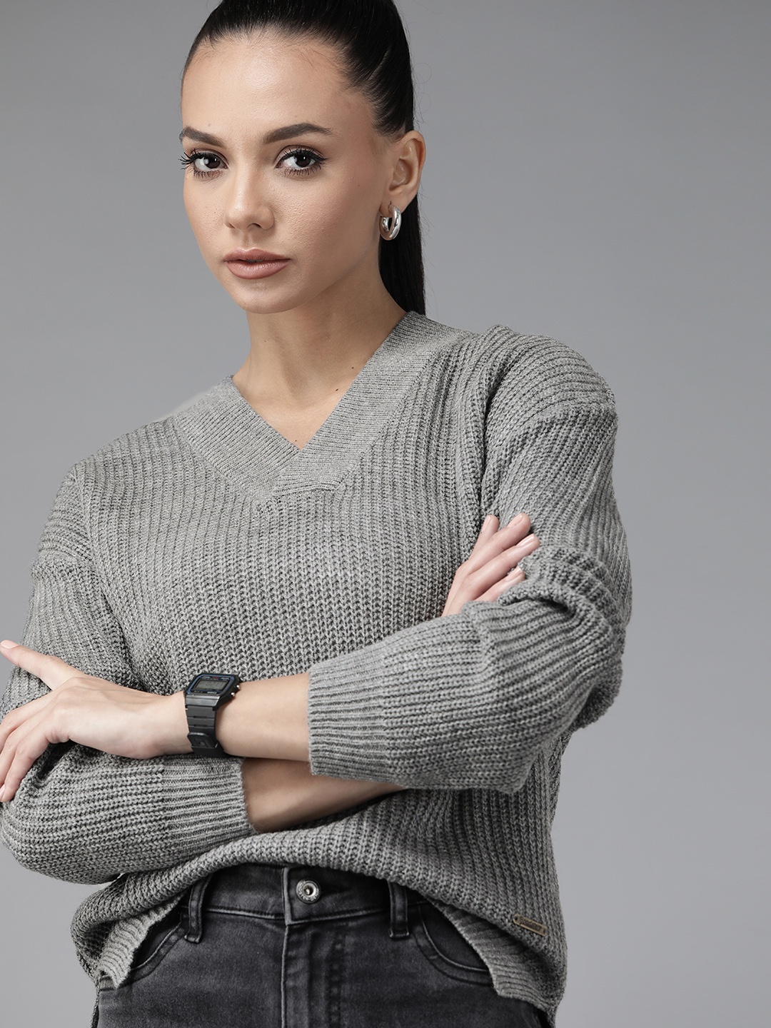 

Roadster Women Grey Melange Ribbed Pullover