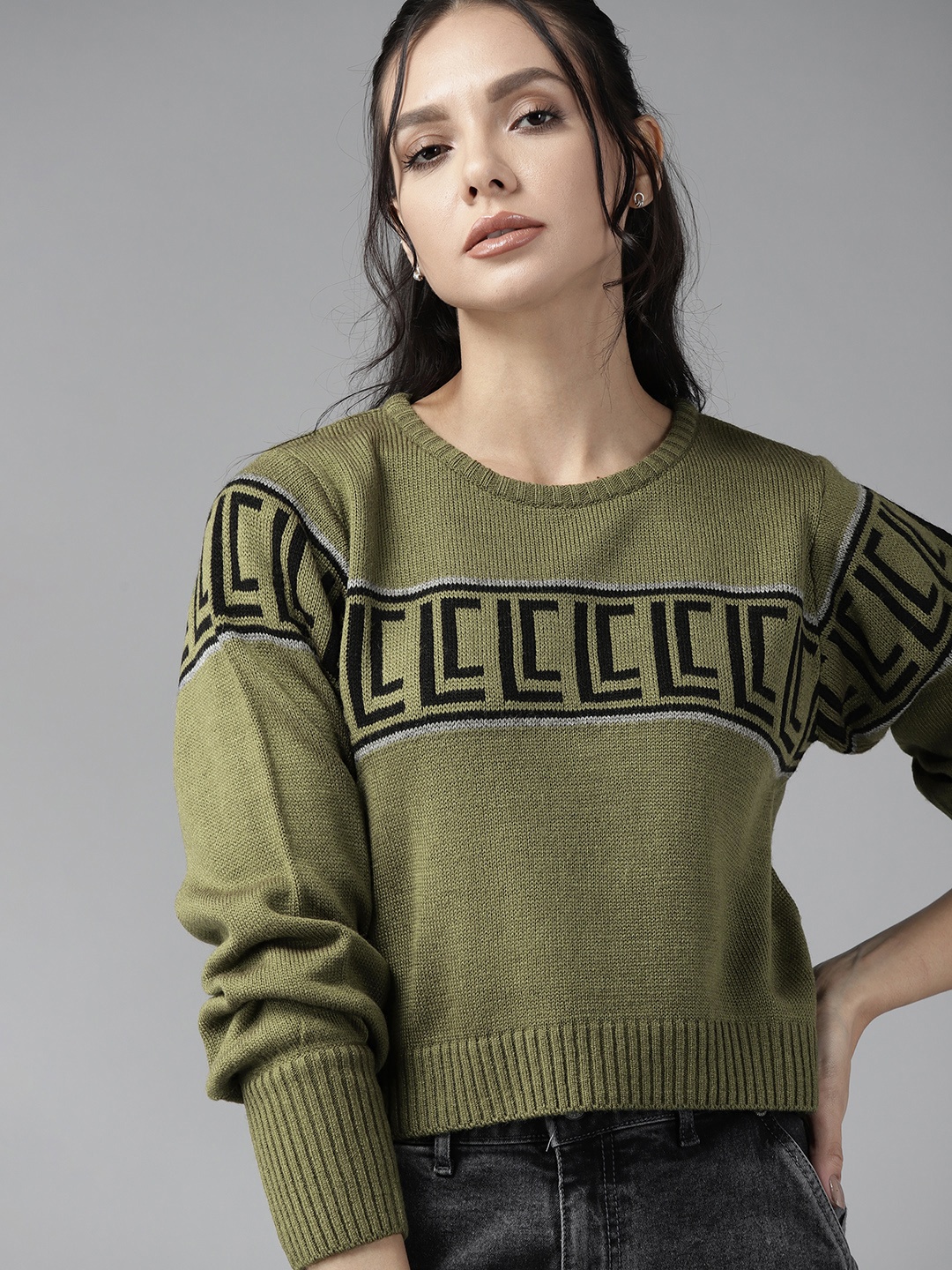 

Roadster Women Olive Green & Black Geometric Self-Design Pullover Sweater