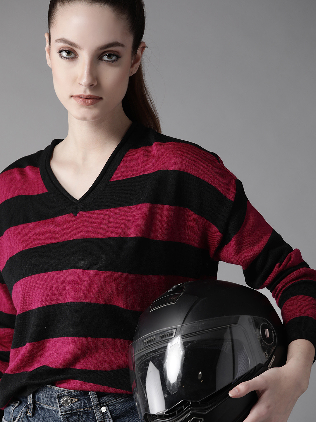 

Roadster Women Magenta & Black Striped Pullover