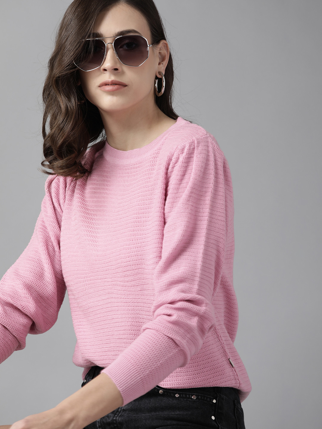 

Roadster Women Pink Self Design Pullover