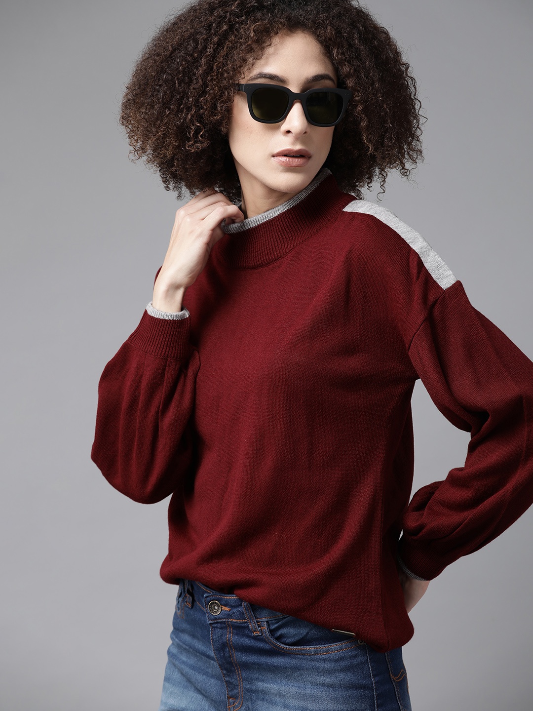 

Roadster Women Maroon Solid Drop-Shoulder Sleeves Pullover