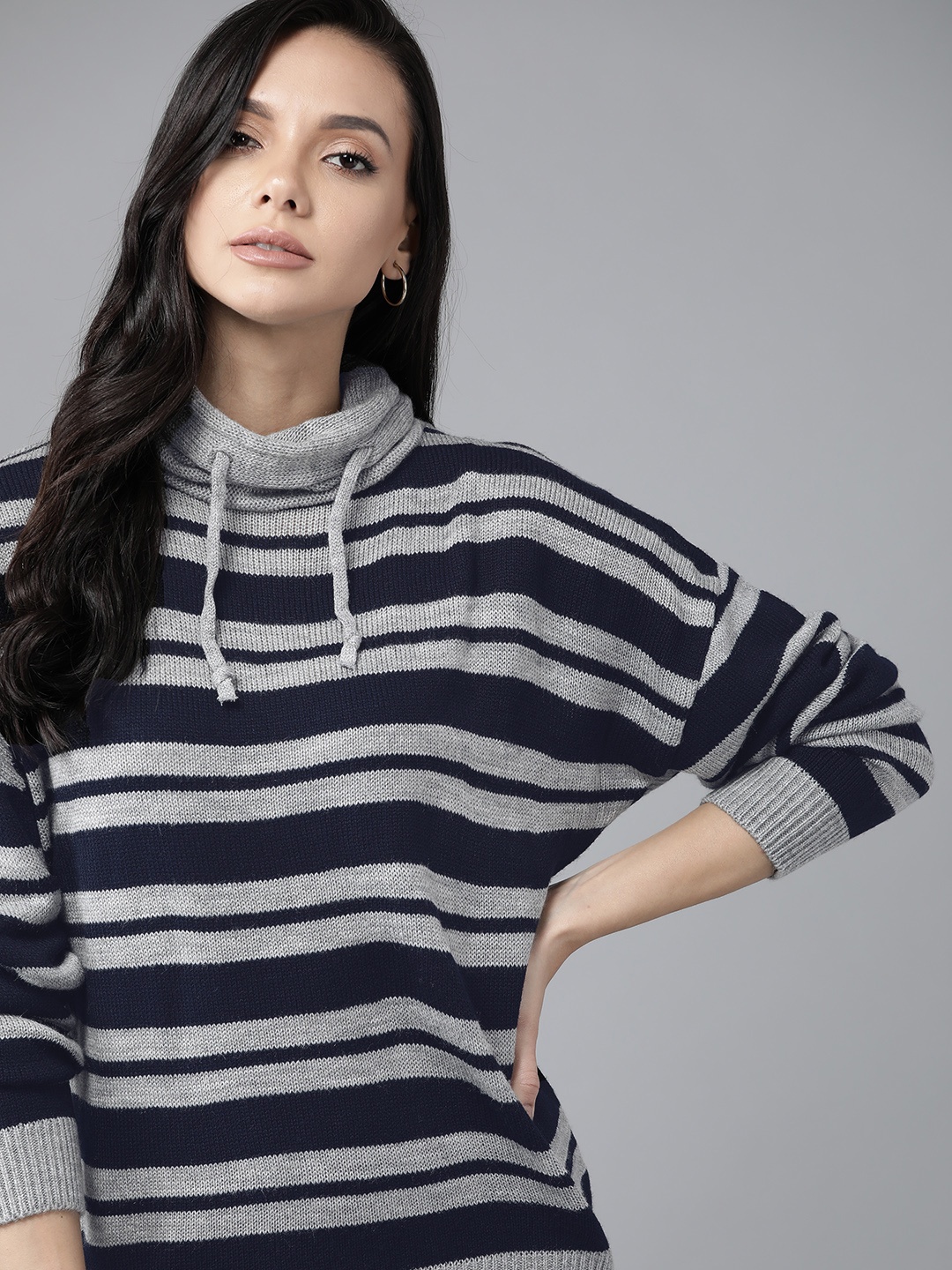 

Roadster Women Grey Melange & Navy Blue Striped Pullover