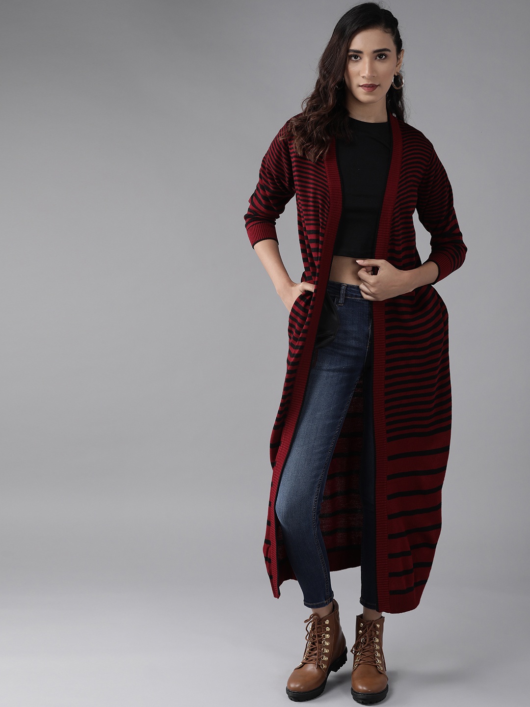 

Roadster Women Maroon & Black Striped Longline Front-Open Sweater