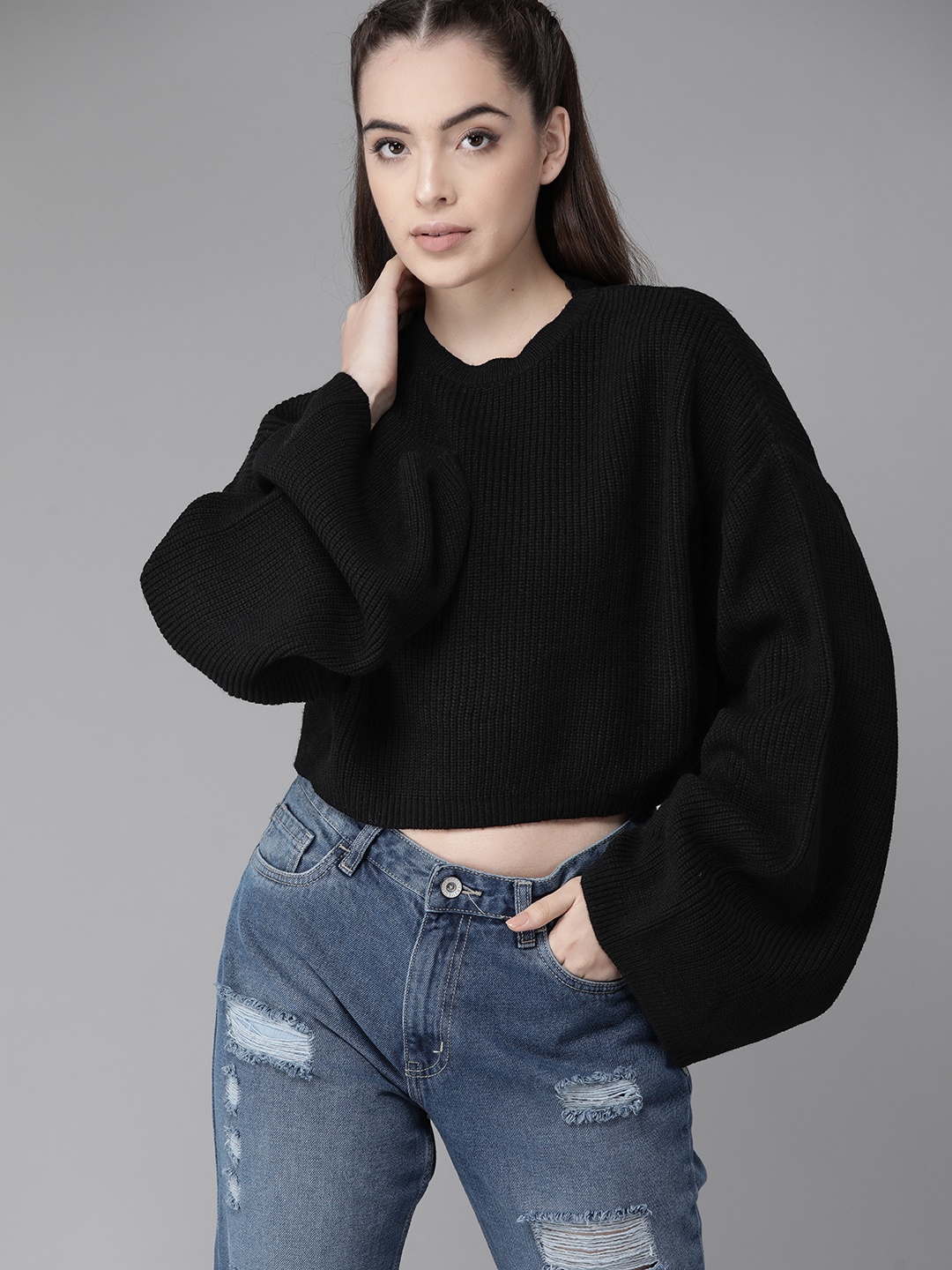 

The Roadster Lifestyle Co. Acrylic Ribbed Flared Sleeves Crop Pullover Sweater, Black