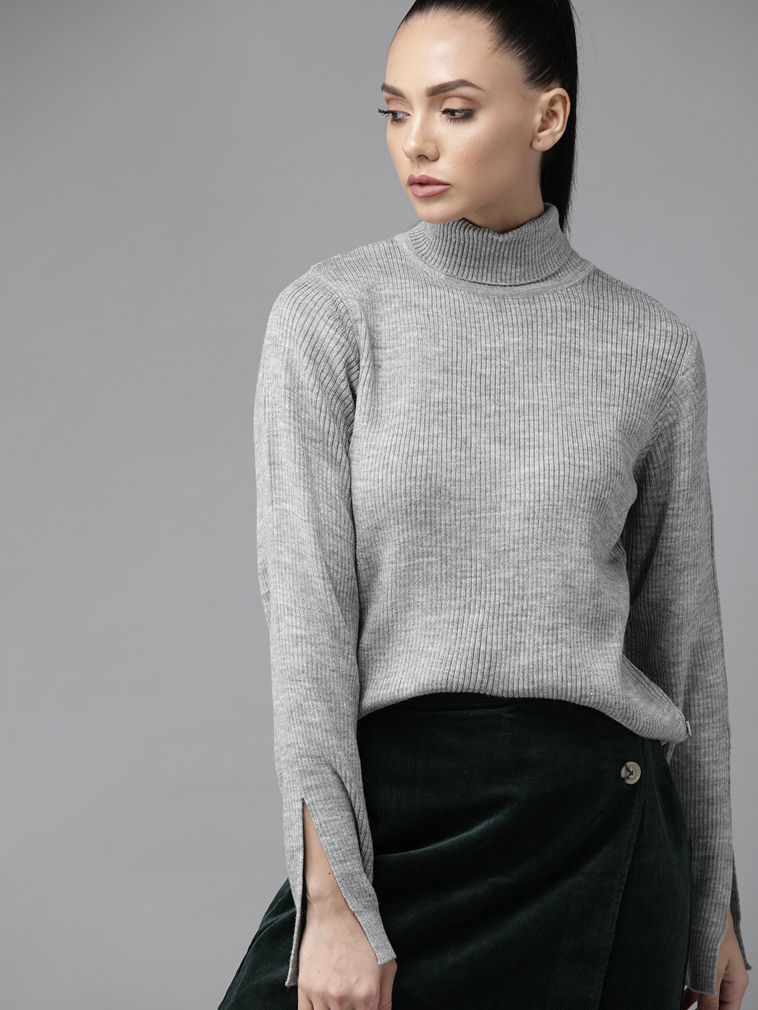 

Roadster Women Grey Melange Ribbed Turtle Neck Pullover