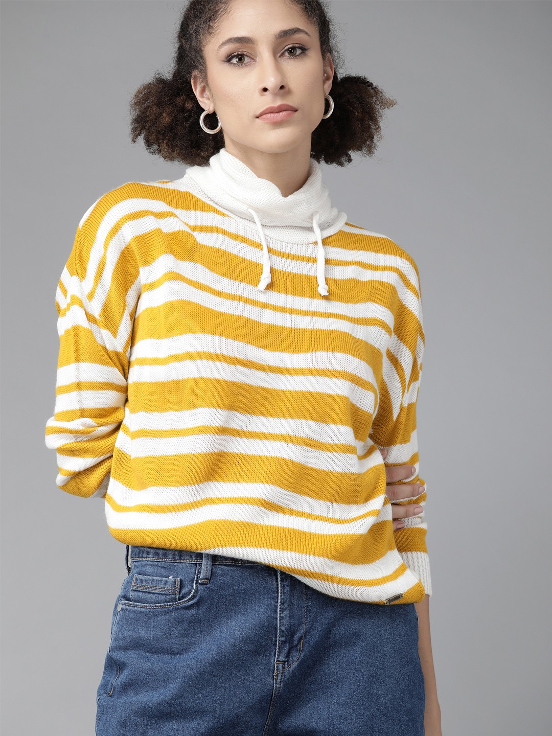 

Roadster Women Yellow & White Striped Pullover