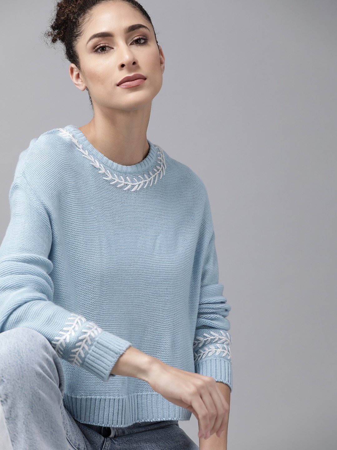 

Roadster Women Blue & White Solid Acrylic Pullover with Embroidered Detail