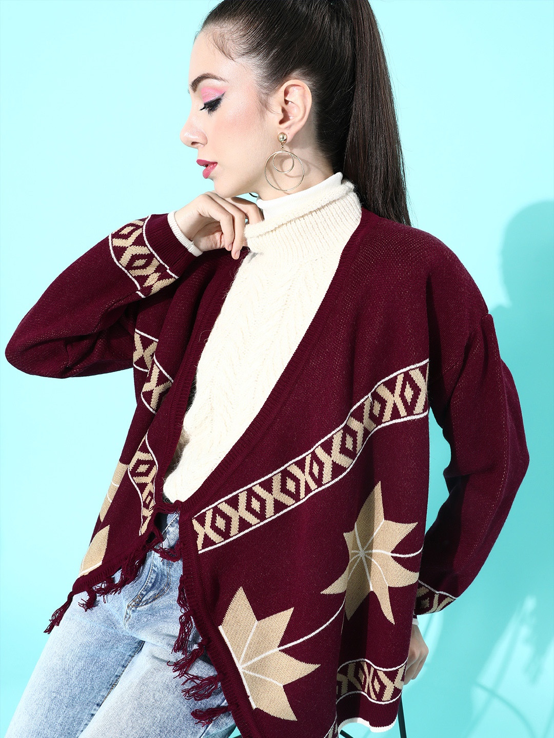 

Roadster Women Maroon Geometric Slouchy Cardigan
