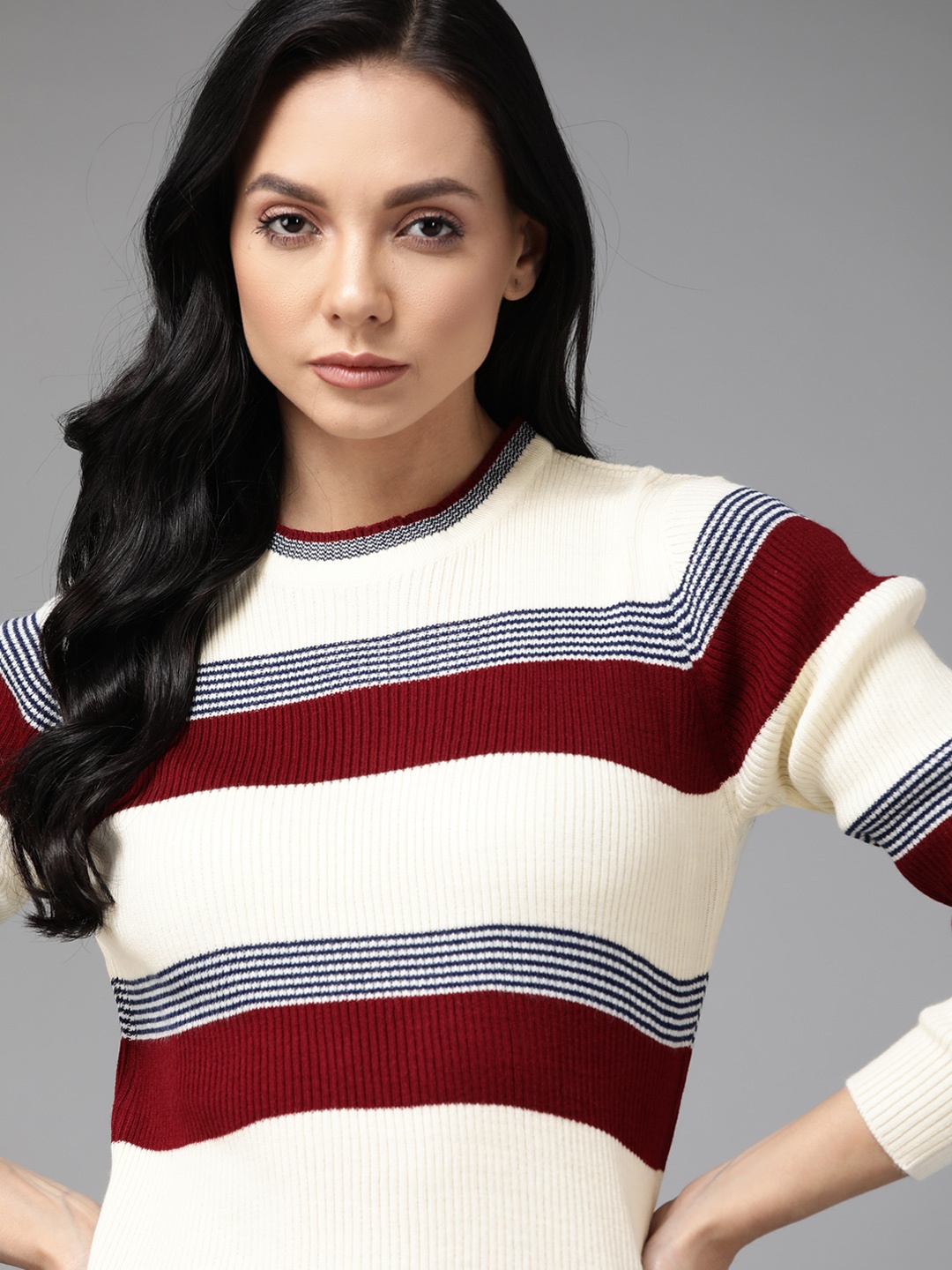 

Roadster Women Off White & Red Acrylic Striped Pullover