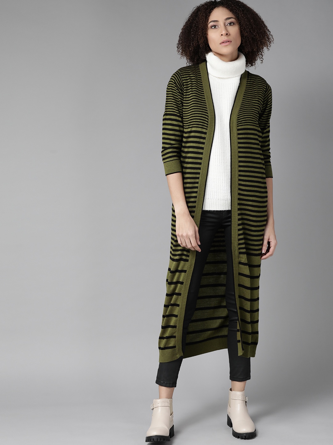 

Roadster Women Olive Green & Black Striped Longline Front-Open Sweater