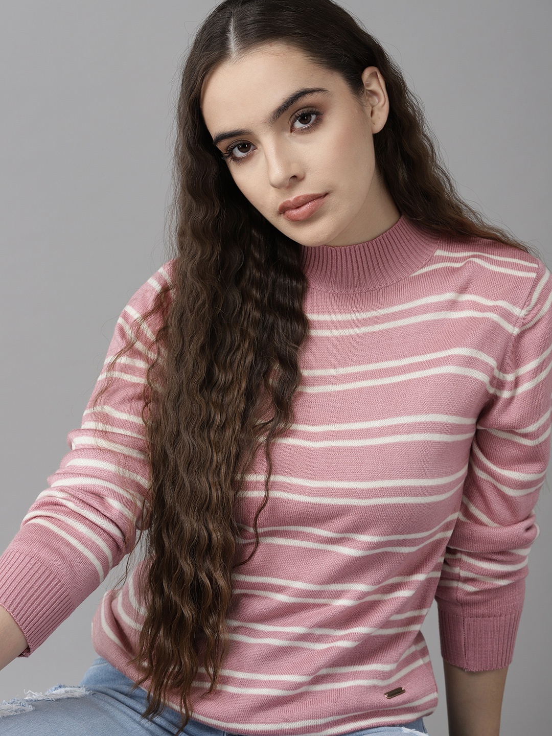 

Roadster Women Pink & Off White Striped Pullover