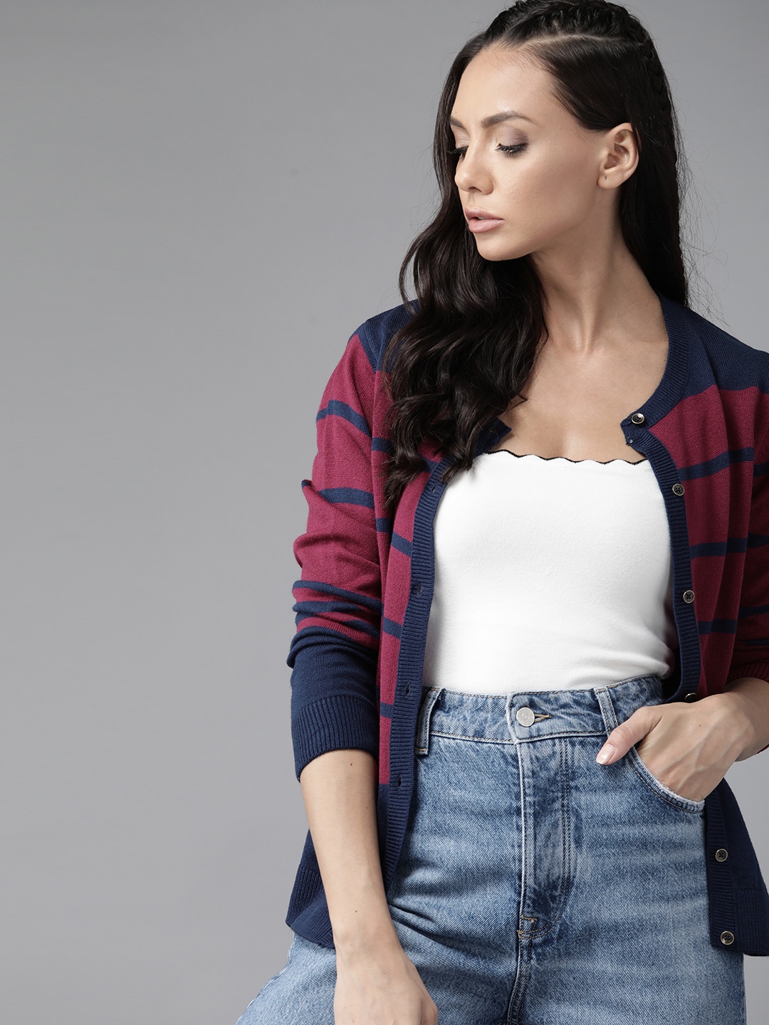 

Roadster Women Magenta & Navy Blue Striped Cardigan