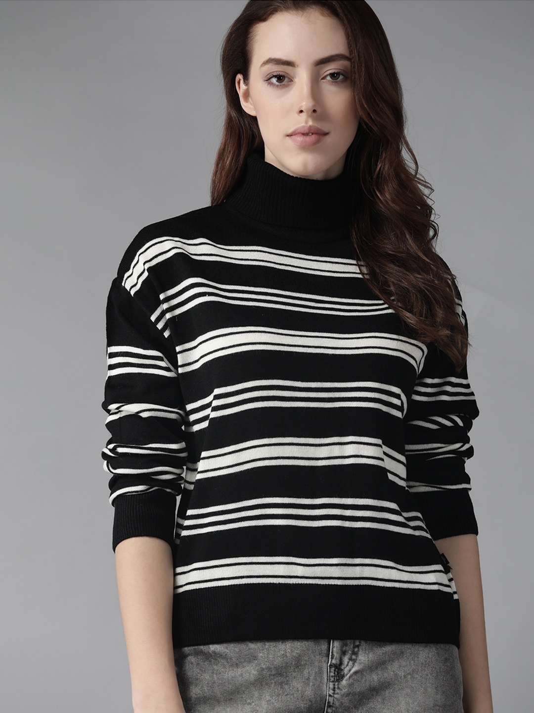 

Roadster Women Black & Off-White Striped Pullover