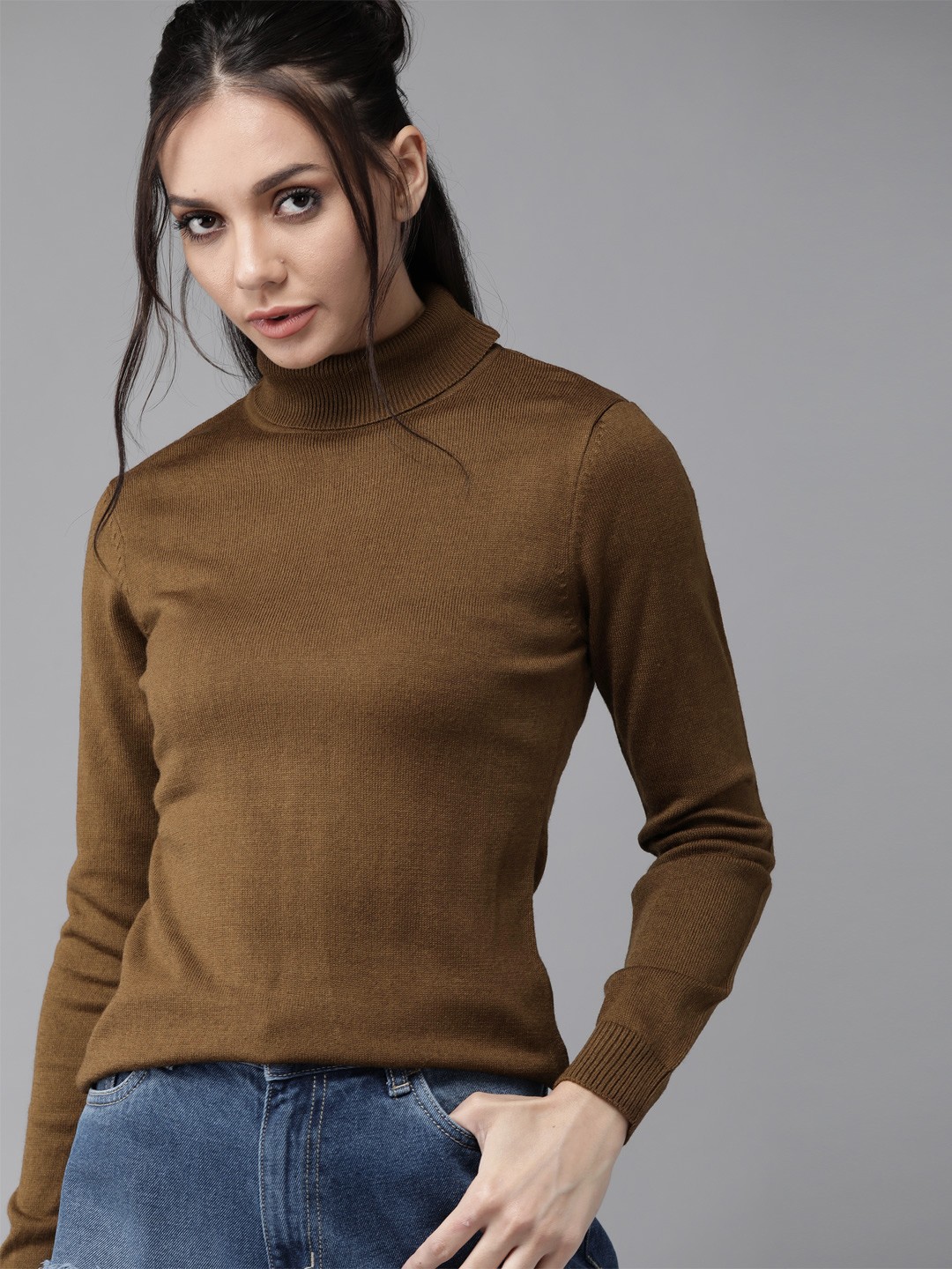 

Roadster Women Brown Solid Turtle Neck Pullover