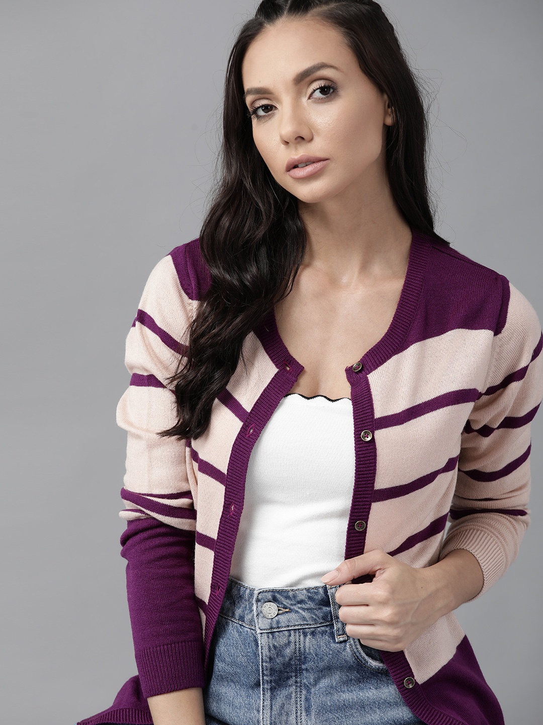 

Roadster Women Pink & Purple Striped Cardigan