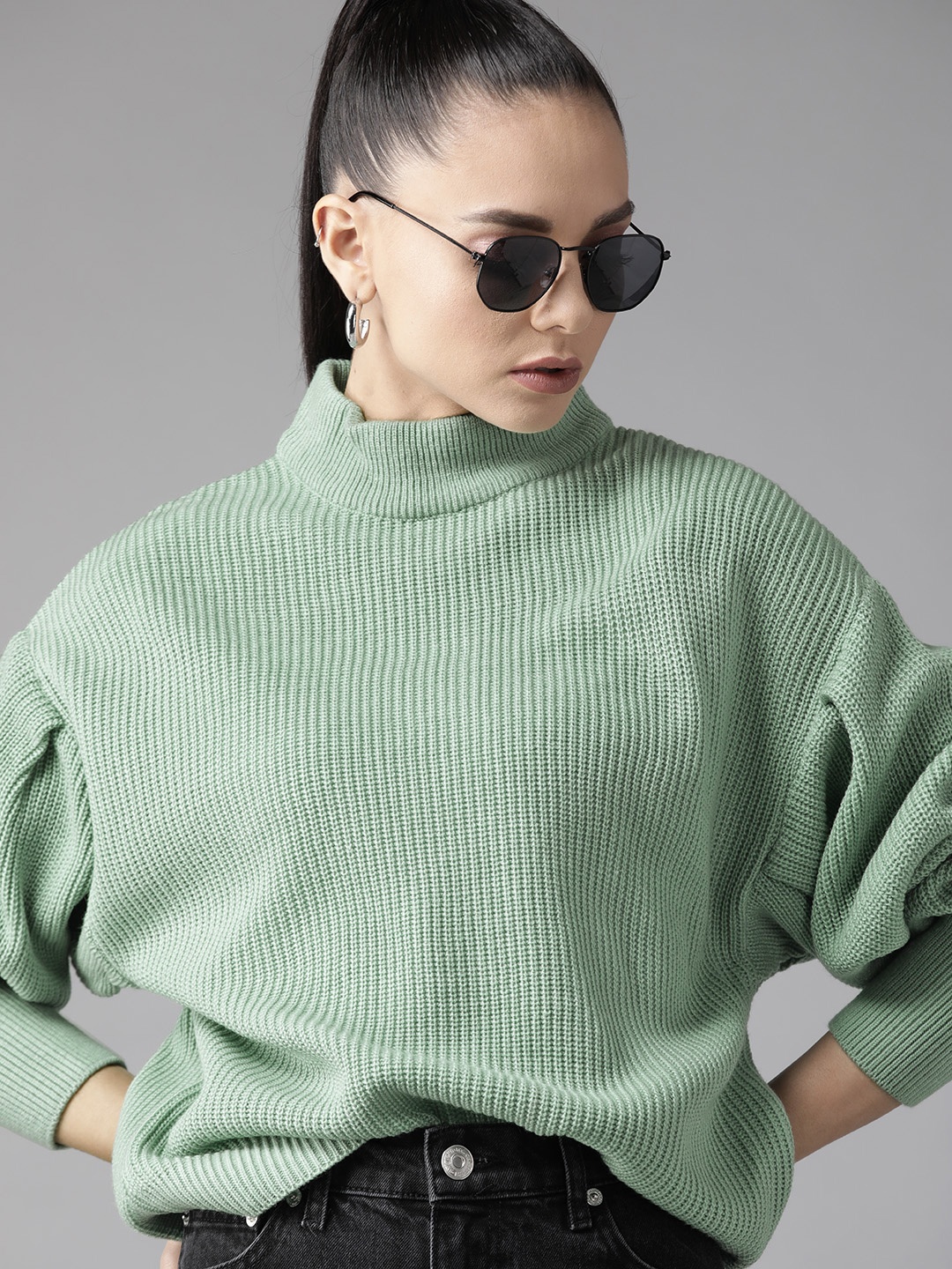 

Roadster Women Green Solid Drop Shoulder Pullover
